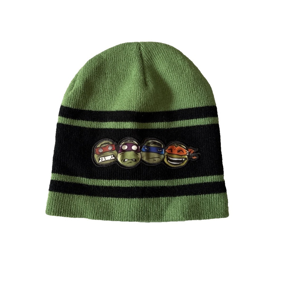 2014 TMNT Beanie Hat Knit Striped Black Green Nickelodeon Y2K Grunge Retro Vtg